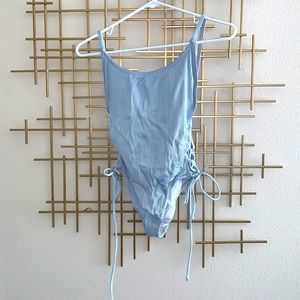 Backless baby blue one piece bathing suit